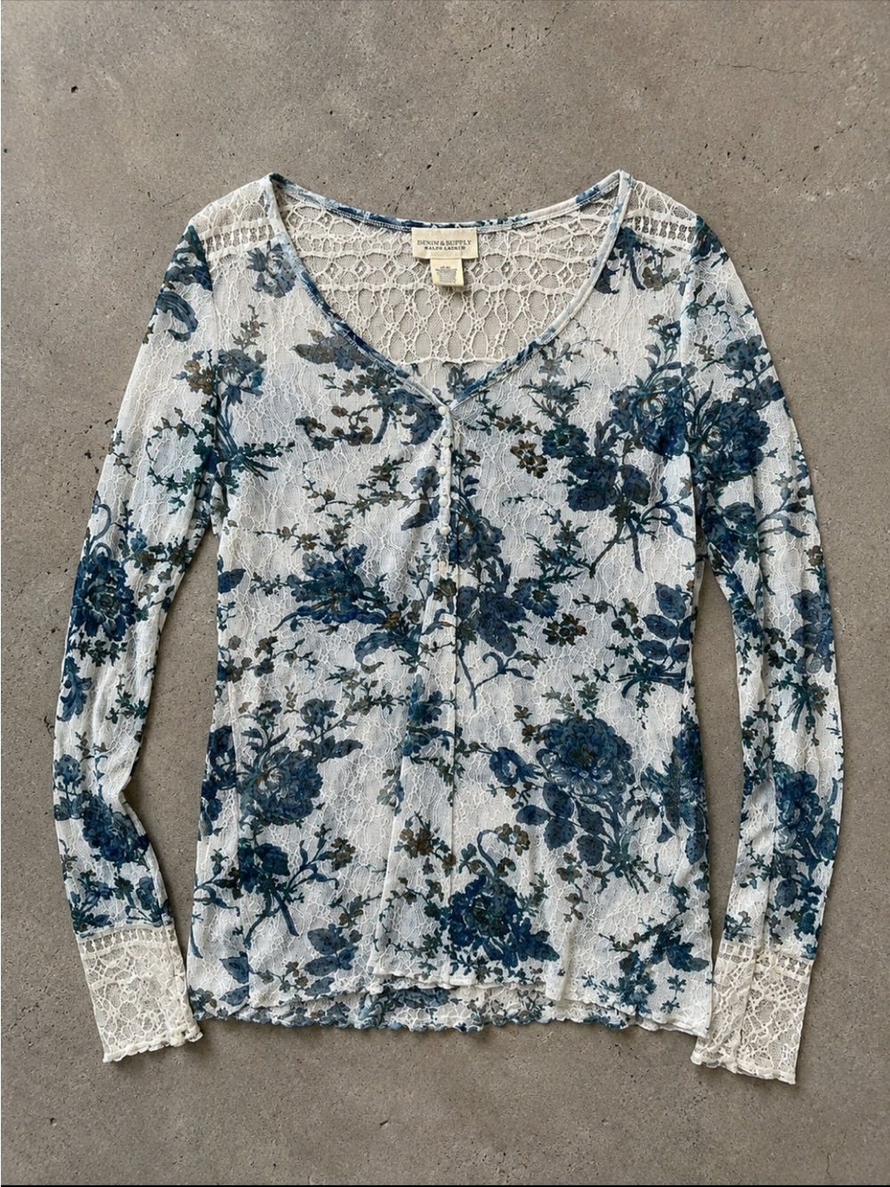 Denim & Supply Ralph Lauren Floral Lace Henley Woman XL Cottagecore Y2K Sheer